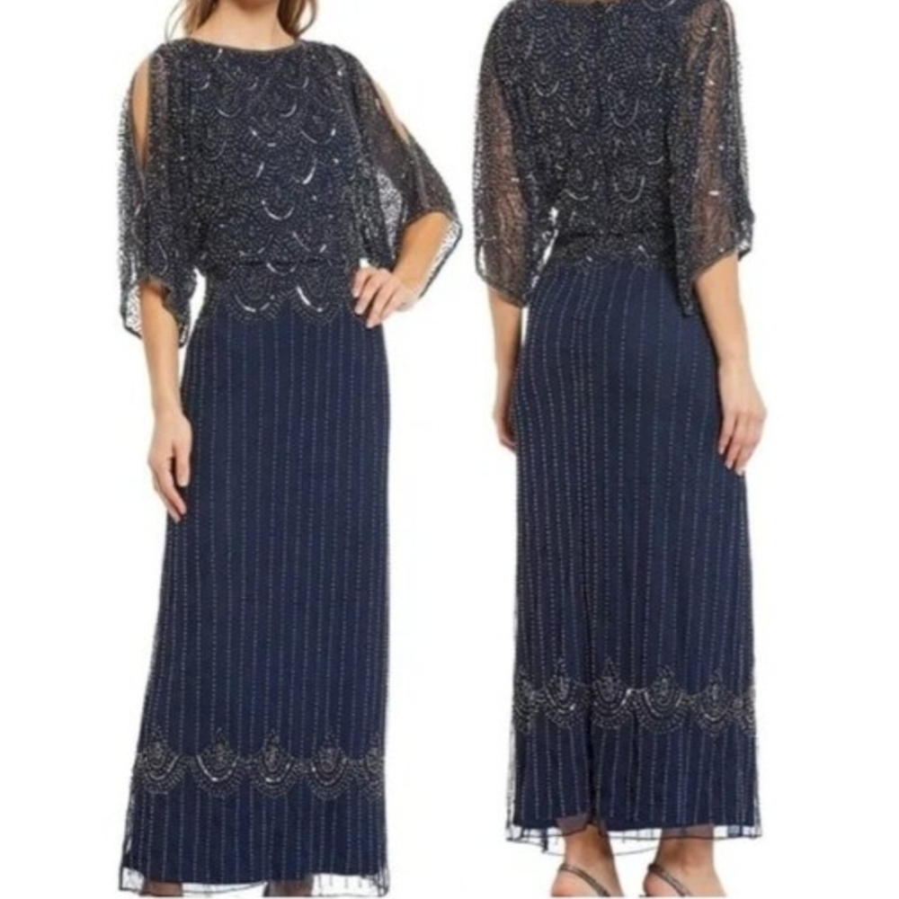 NWT Pisarro Nights Midnight Blue Beaded Maxi Dress Size 16